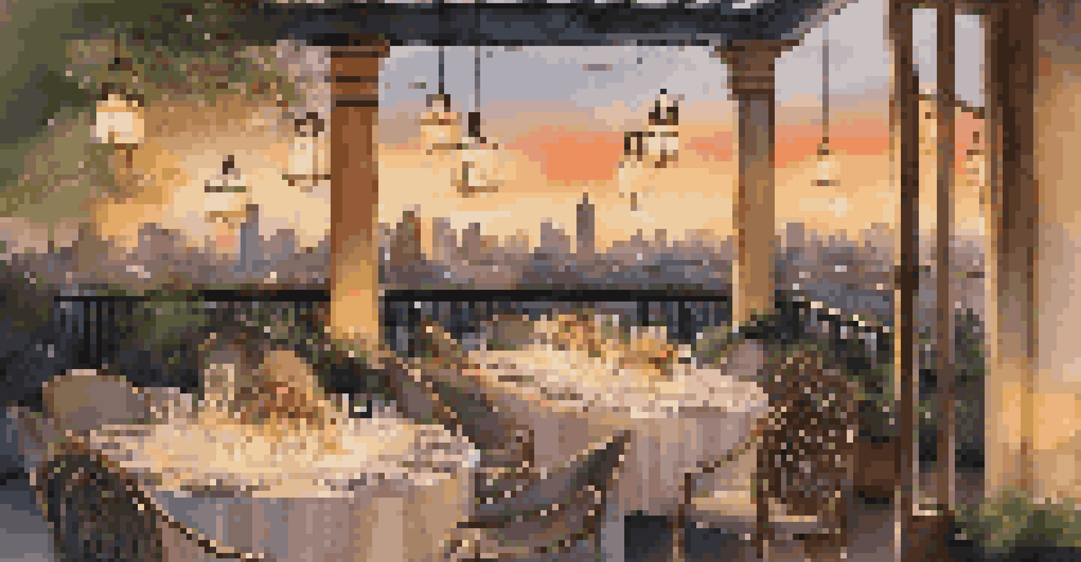 An upscale outdoor terrace dining setup with a city skyline view at sunset, featuring elegant tableware and ambient lighting.