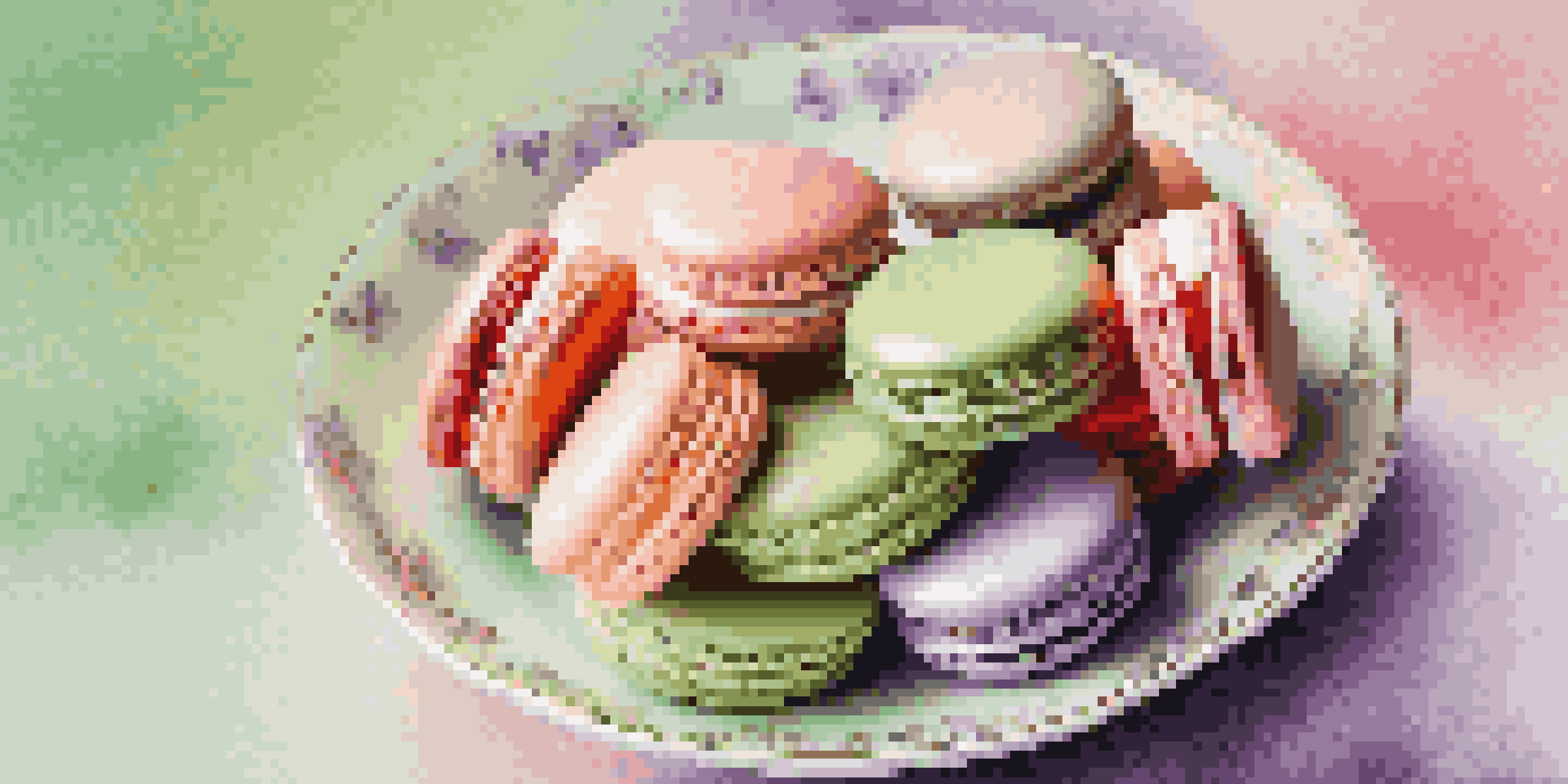 A vibrant assortment of macarons displayed on a porcelain plate, featuring bright colors against a pastel background.