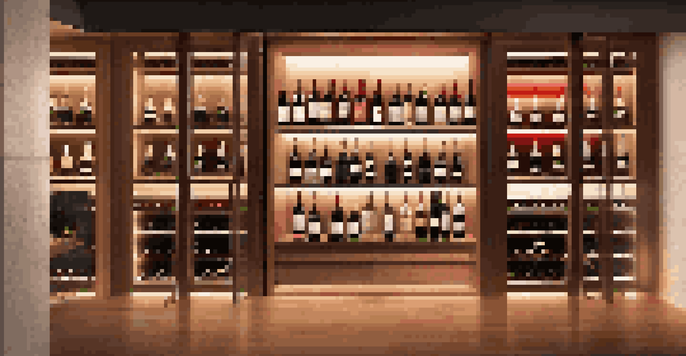 A luxurious wine cellar with glass doors and LED lighting, displaying an array of wine bottles on wooden shelves.