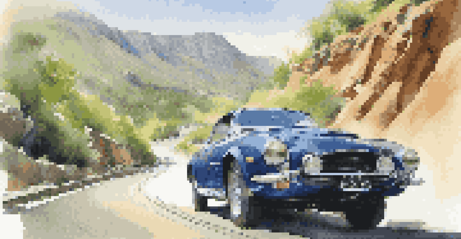 A luxury performance car racing along a winding mountain road, surrounded by greenery and cliffs under a blue sky.