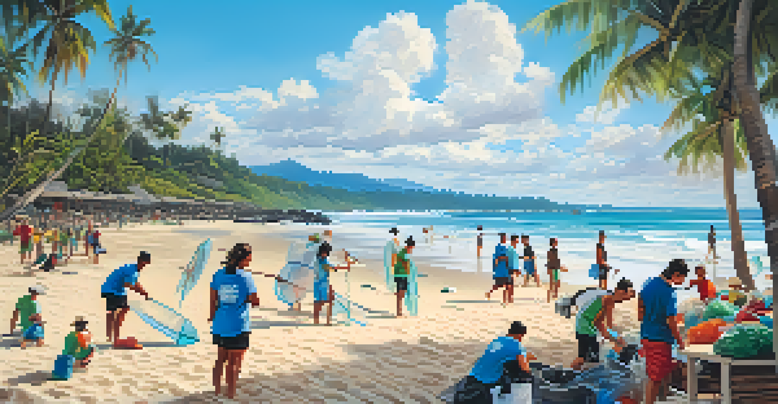 A lively Bali beach scene with surfers and volunteers cleaning up plastic waste, surrounded by palm trees and clear blue waters.