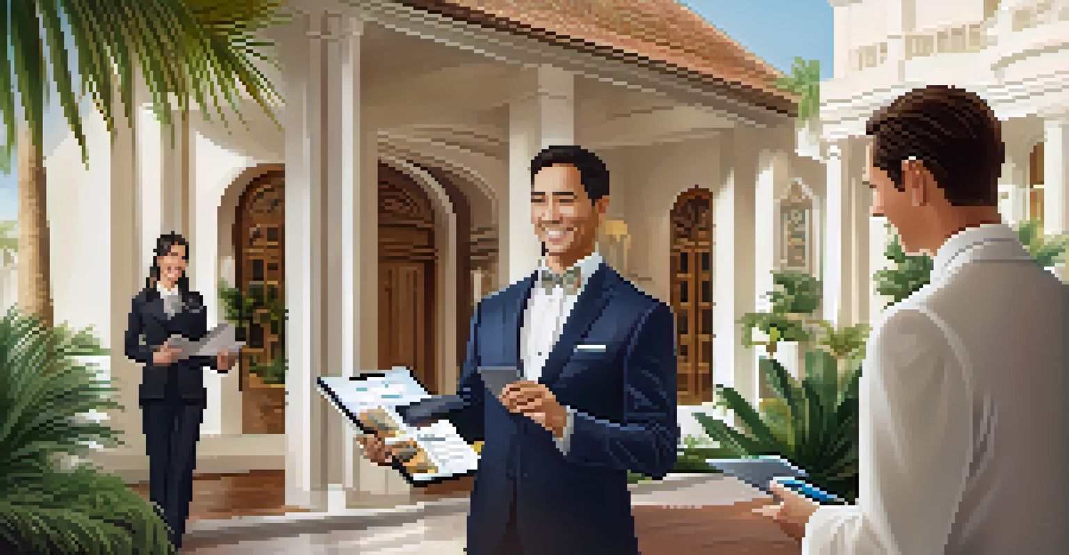 A personal concierge greeting a family at a luxury resort, displaying a personalized itinerary on a tablet, with elegant architecture in the background.