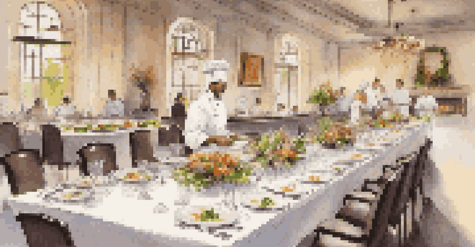 A beautifully arranged table with gourmet dishes and a chef demonstrating plating techniques during a cooking class.