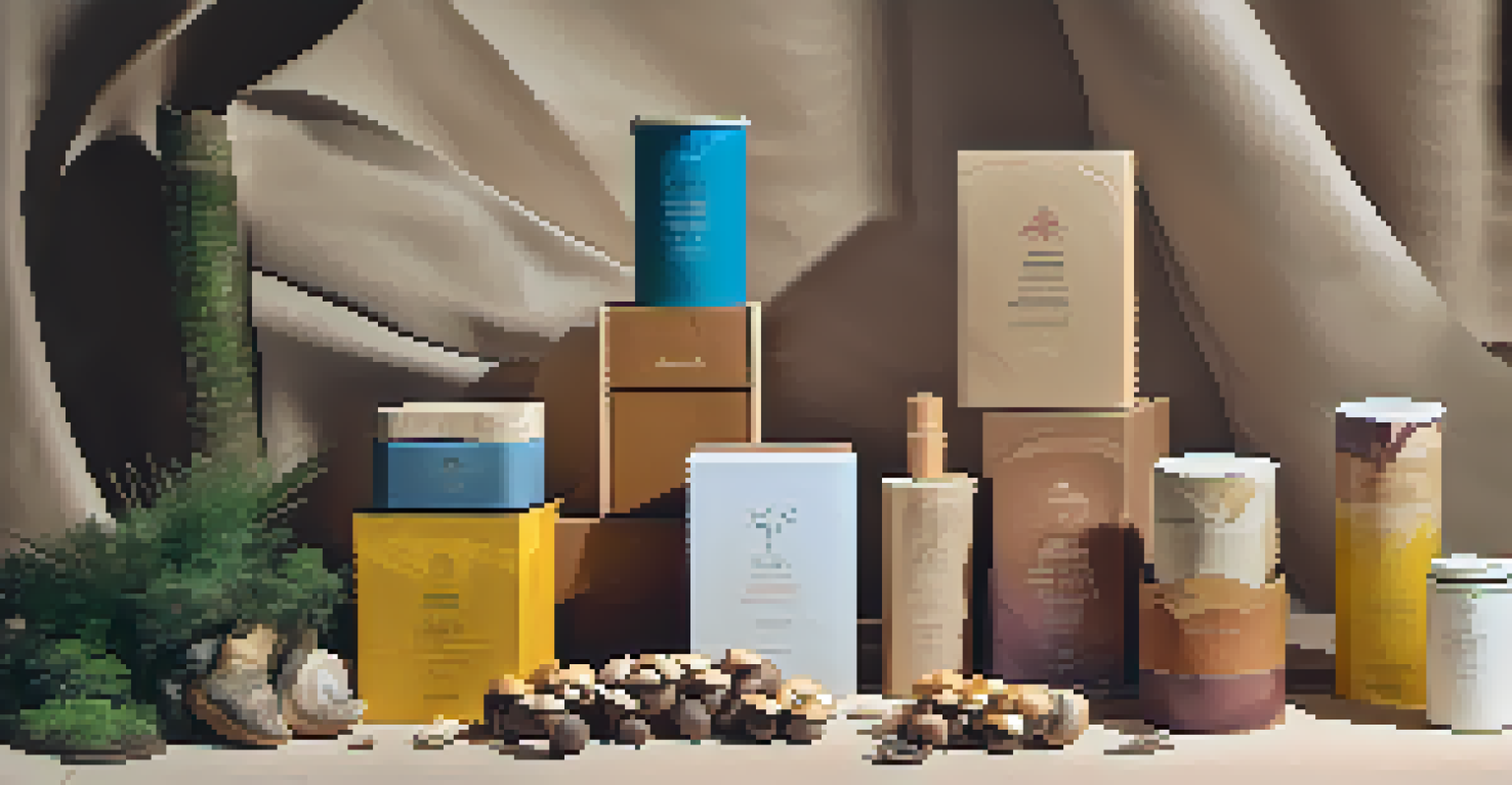 An artistic arrangement of innovative sustainable packaging materials for luxury fashion, showcasing biodegradable options and vibrant patterns on a wooden surface.