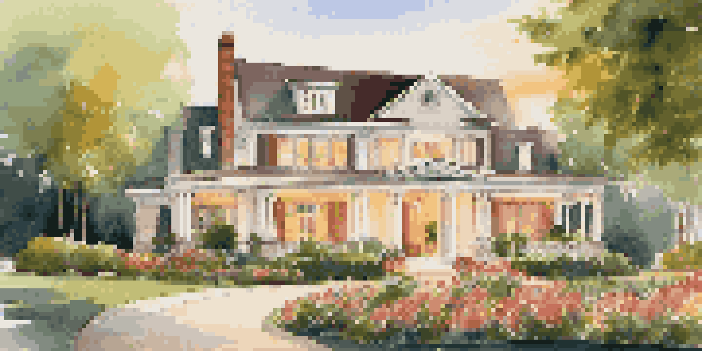 A beautifully landscaped luxury home with flowers and greenery, featuring an inviting front porch and warm outdoor lighting at sunset.