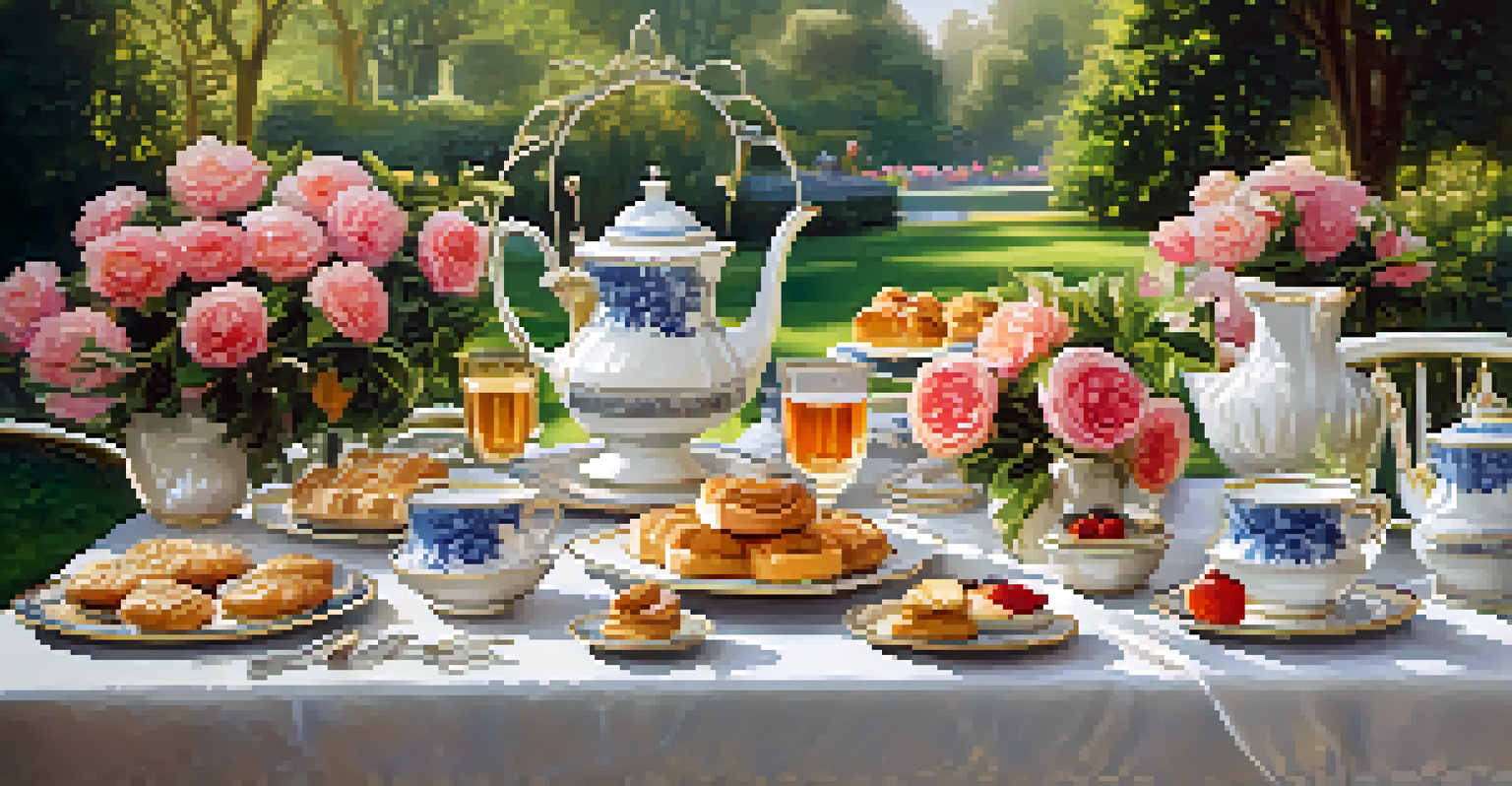 An outdoor garden table set for tea, surrounded by greenery and flowers, with soft afternoon light.