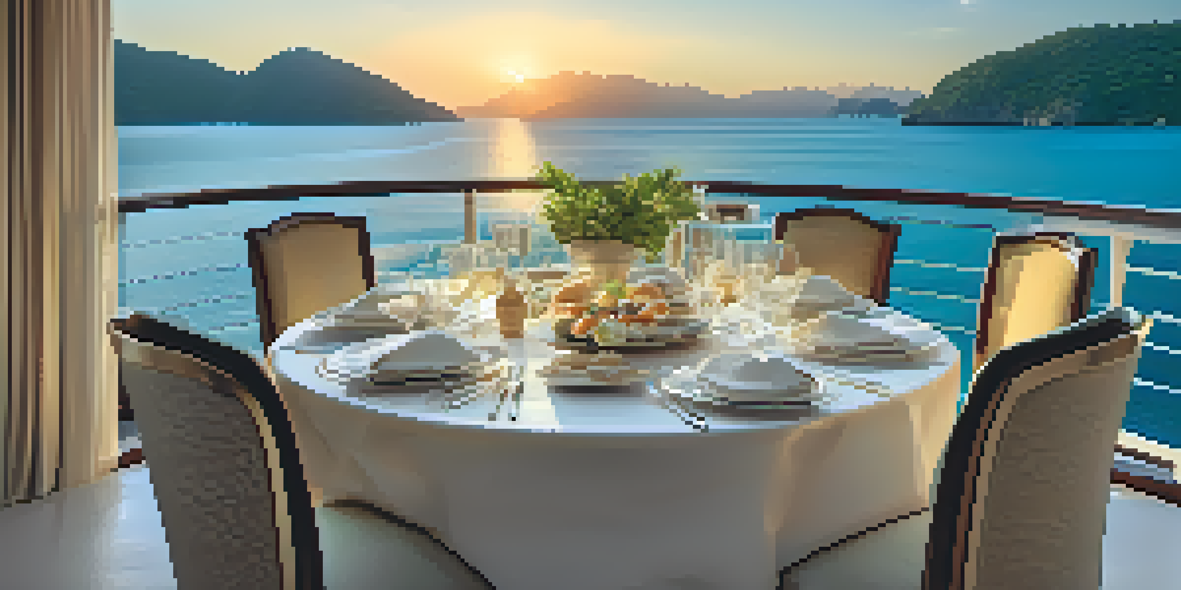 A luxurious yacht anchored in a beautiful bay during sunset, with a decorated dining table on the deck and lush greenery in the background.