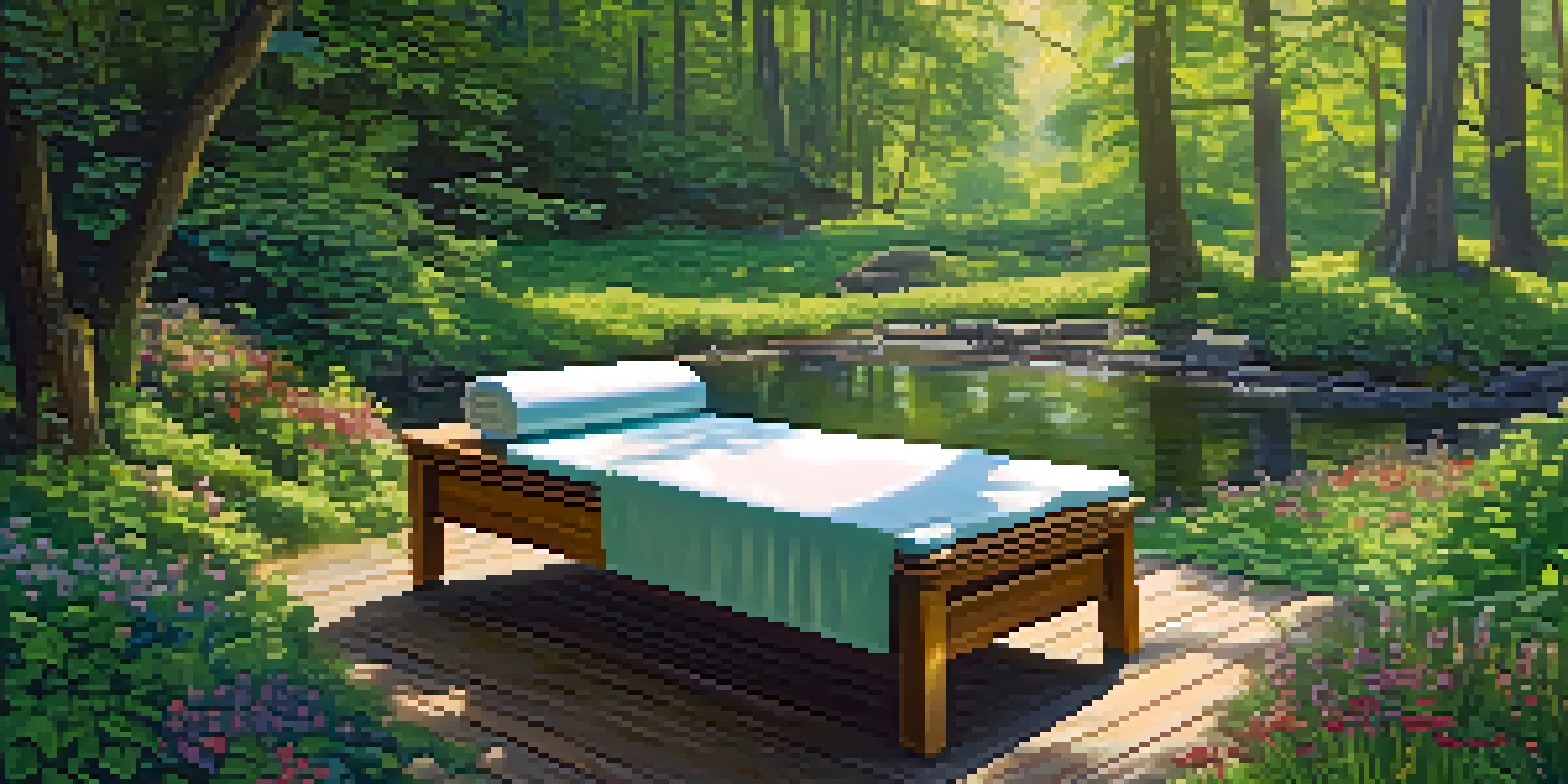 An outdoor spa scene in a forest with a wooden massage table surrounded by greenery and flowers, sunlight filtering through the leaves.
