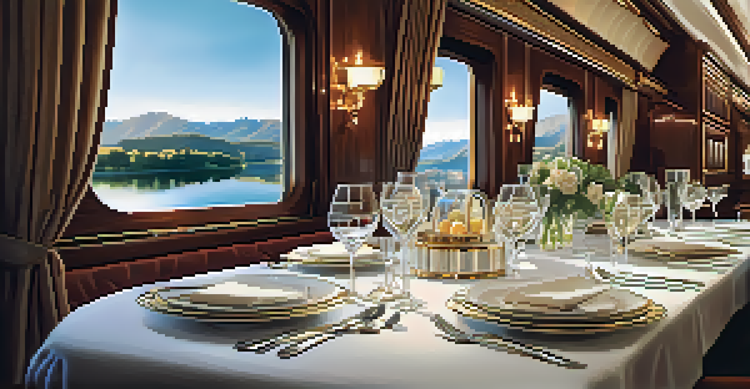 An elegantly set table for dining inside a luxury train, with a view of rolling hills and lakes outside the window.