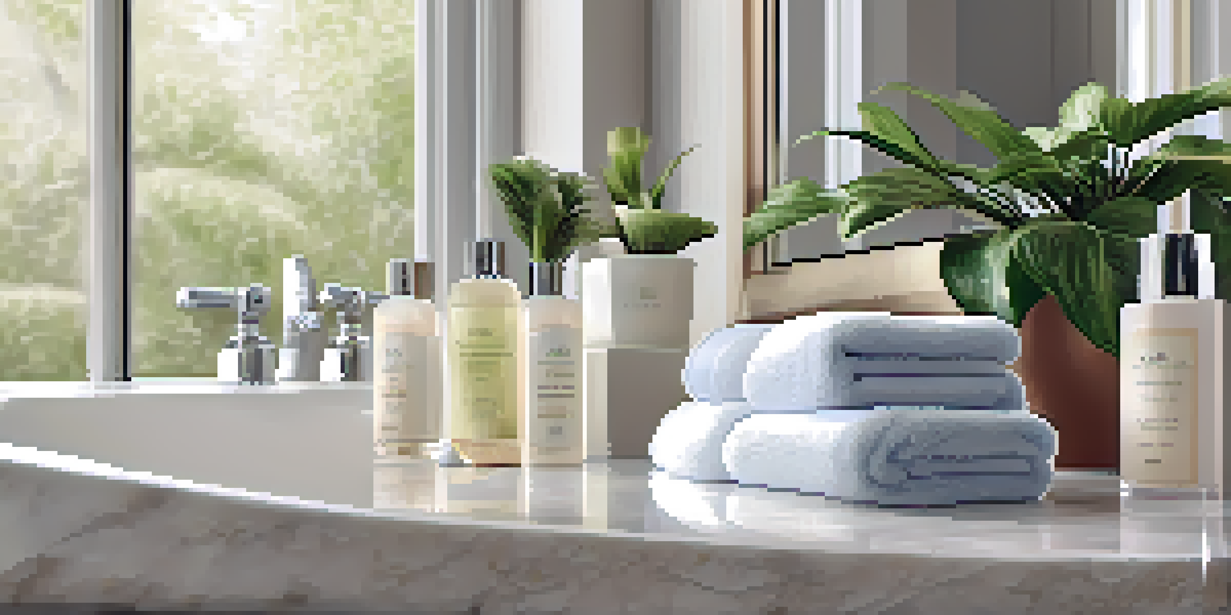 A luxurious bathroom with grooming products on a marble countertop, natural light, and a folded towel next to a potted plant.