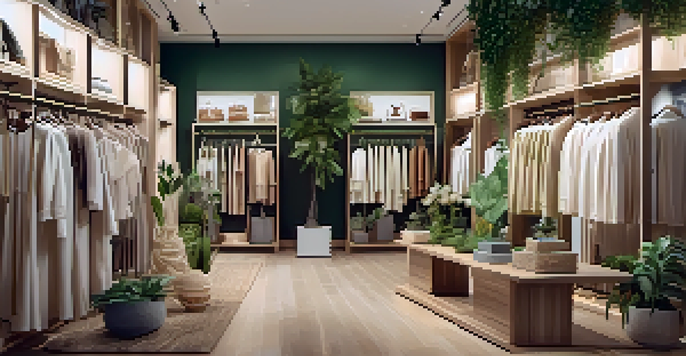 An elegant fashion boutique filled with sustainable luxury clothing and greenery, with customers exploring eco-friendly fashion.