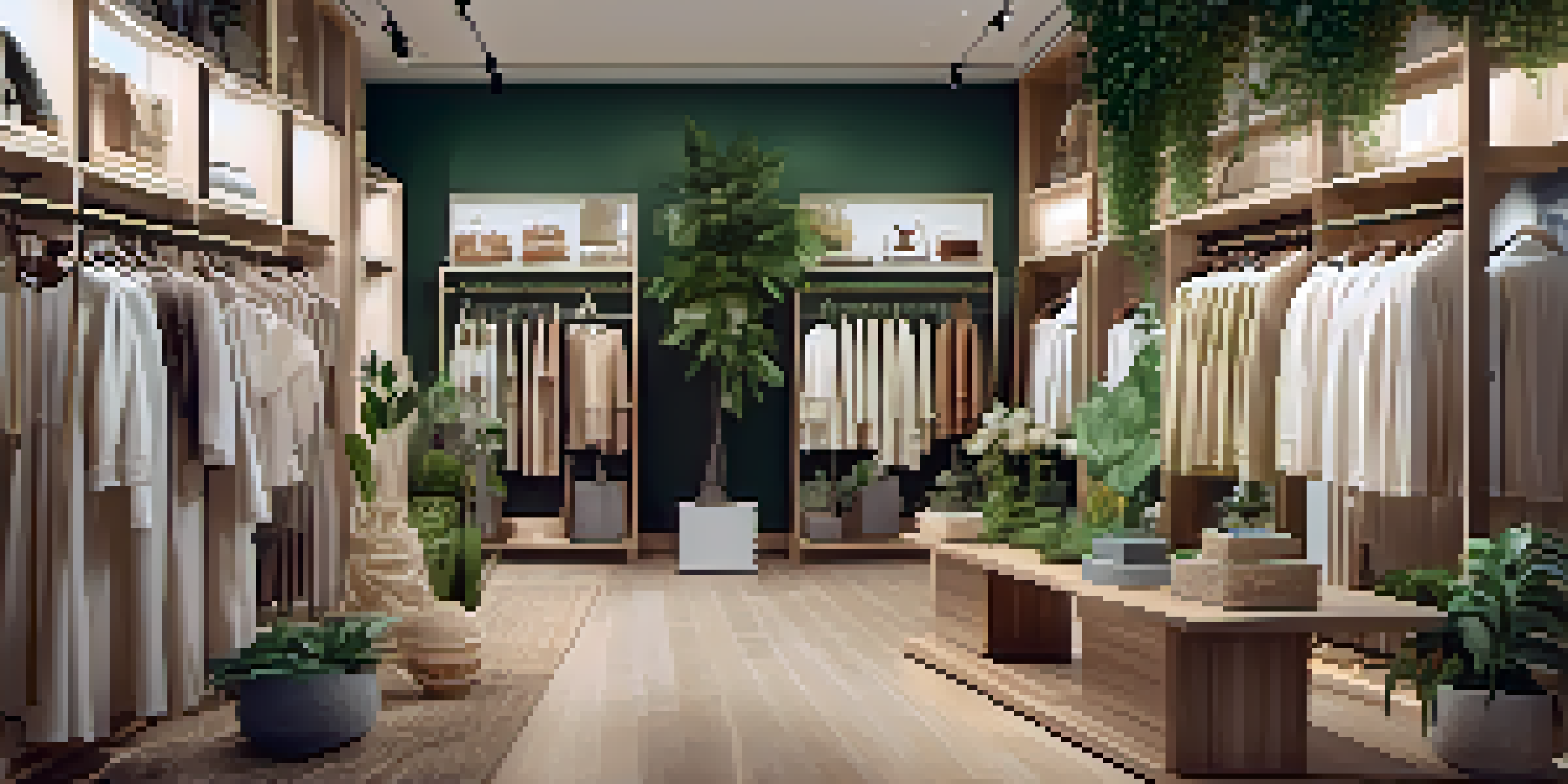 An elegant fashion boutique filled with sustainable luxury clothing and greenery, with customers exploring eco-friendly fashion.