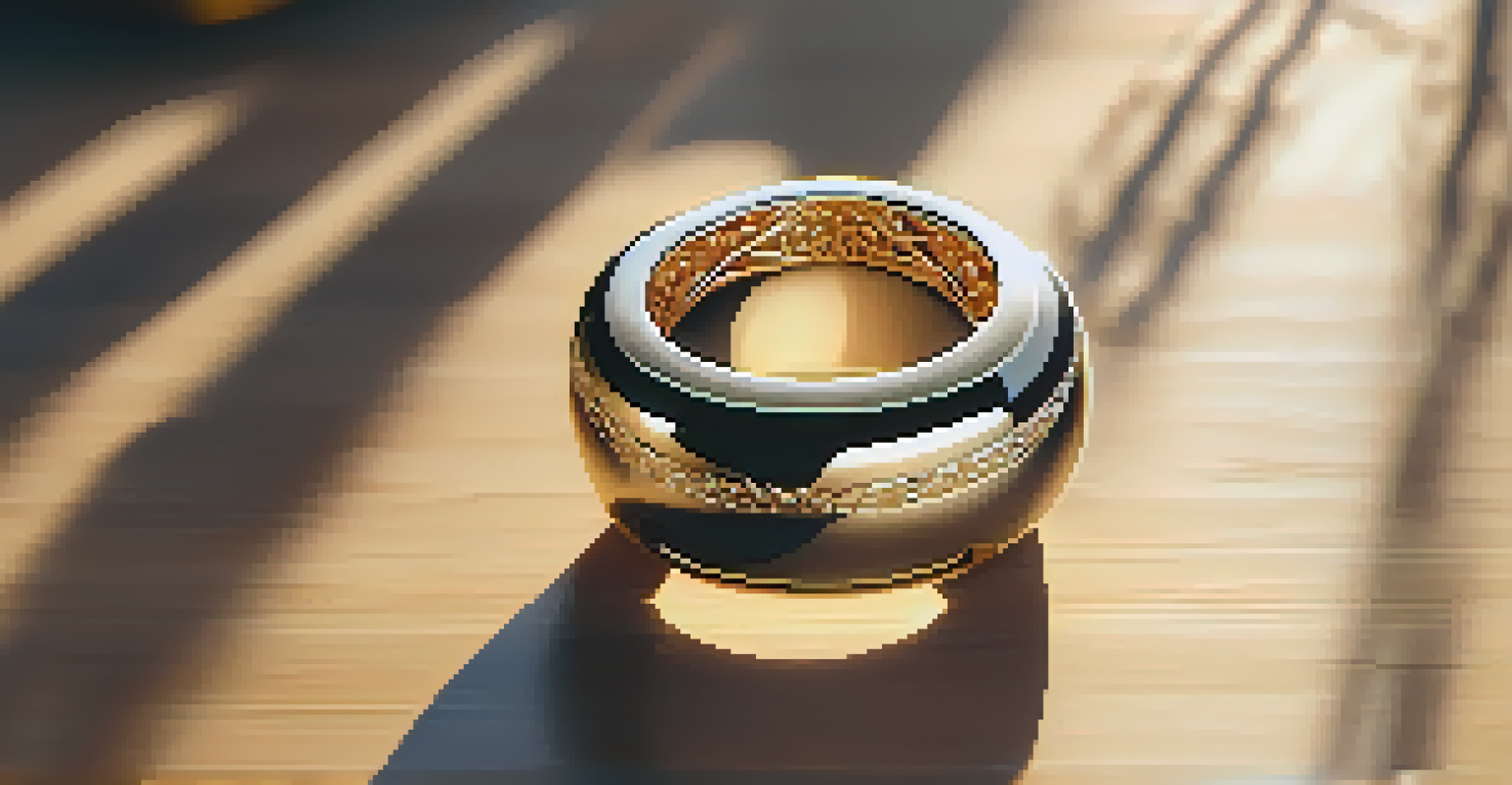 An elegant smart ring on a wooden table, illuminated by sunlight, showcasing its intricate design.