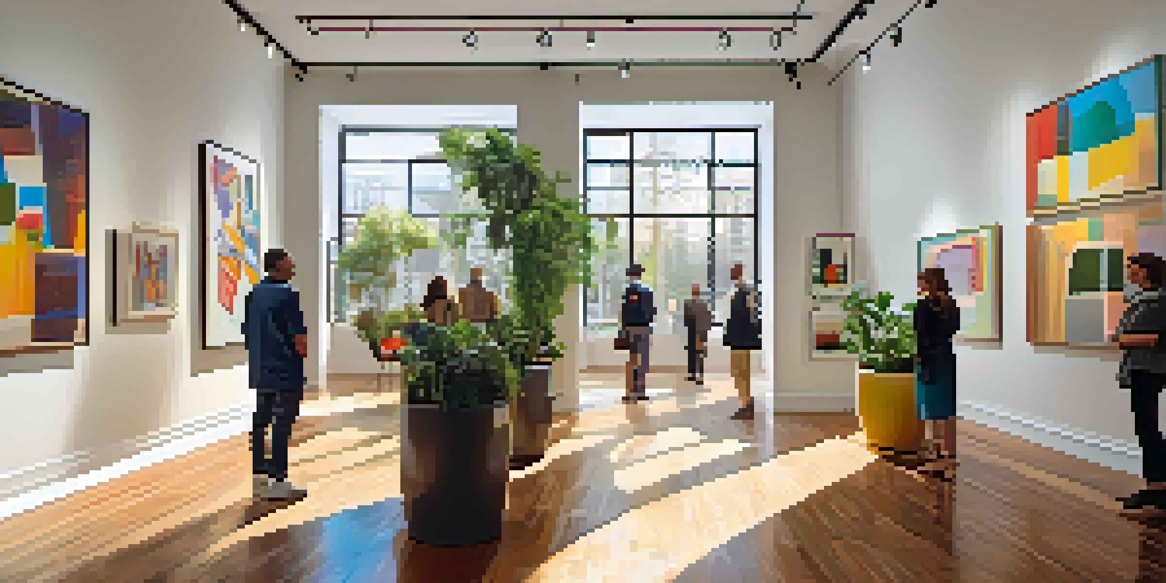 An art gallery with colorful abstract paintings and visitors admiring the art in a bright and airy space.