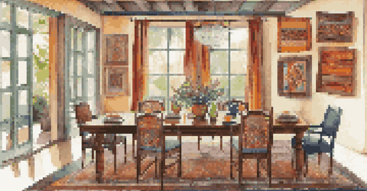 An elegant dining room with a wooden table, colorful textiles as a centerpiece, and framed cultural artwork on the walls.
