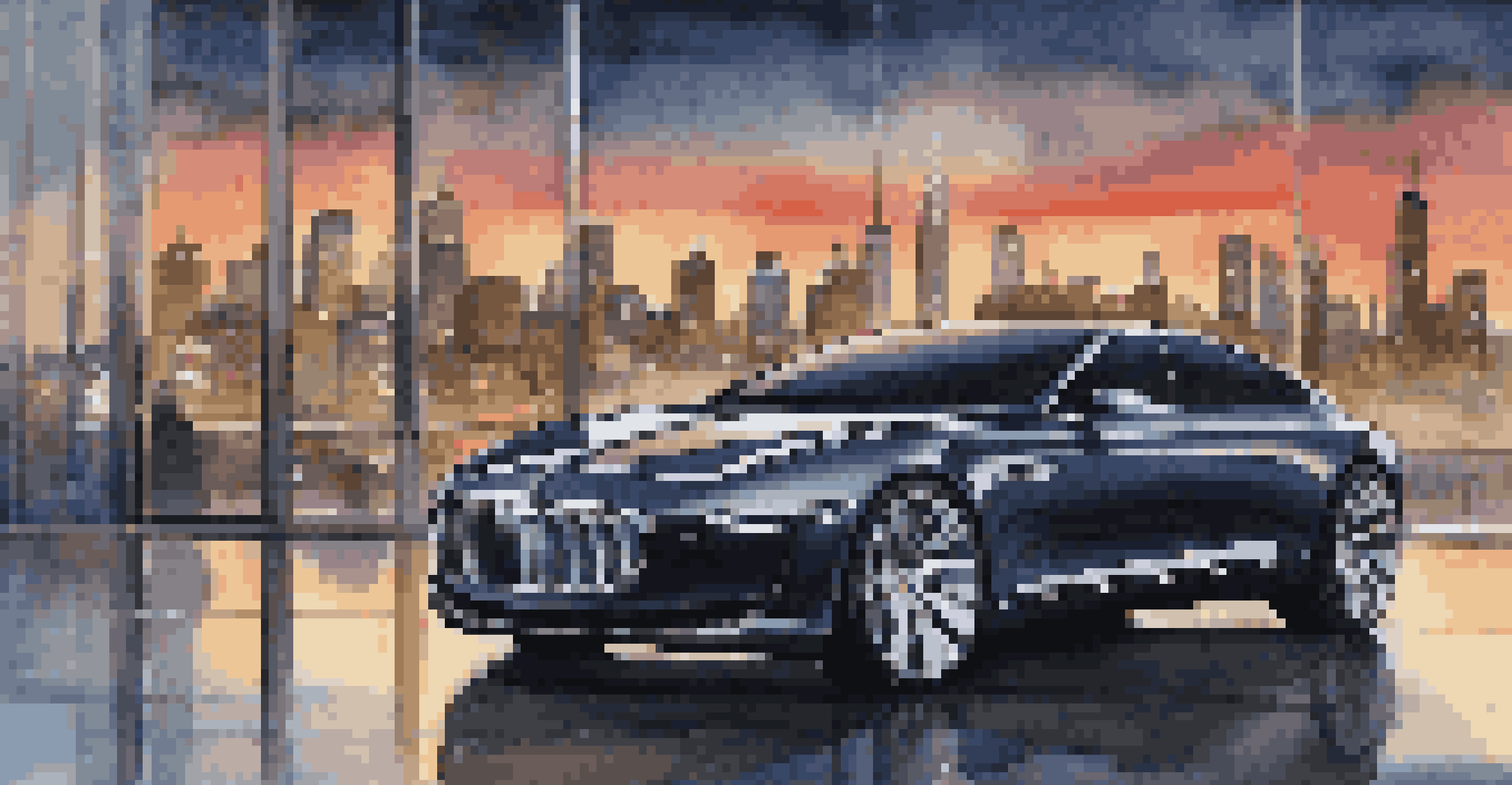 A luxury car with a city skyline in the background, showcasing its sleek design and luxurious interior.