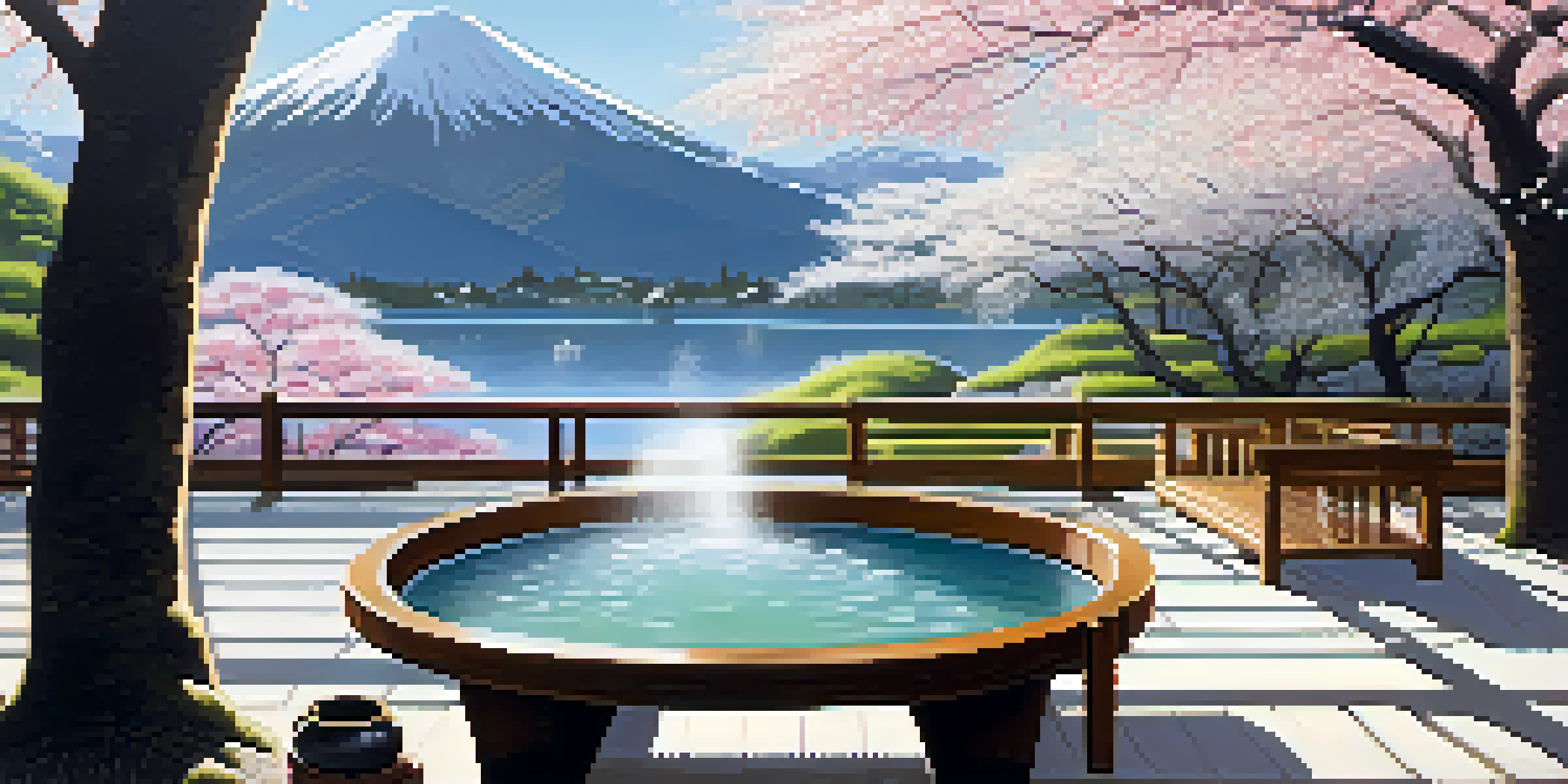 A peaceful Japanese onsen bath with cherry blossoms and mountains in the background.