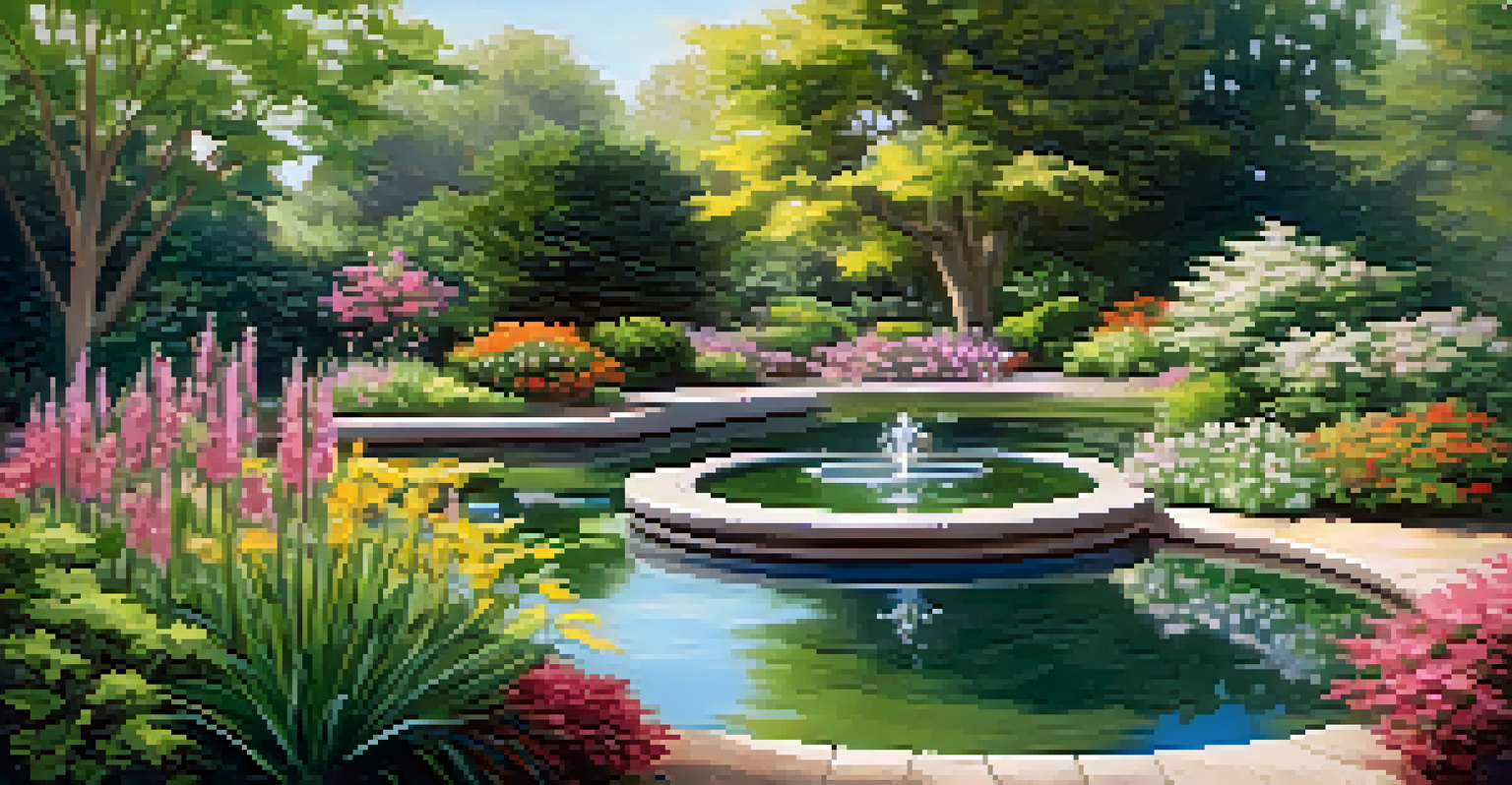 A tranquil garden with a pond and fountain, filled with native plants and illuminated by soft sunlight.