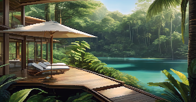 An eco-luxury resort with a modern villa in a forest, surrounded by tropical plants and sunlight filtering through the trees.