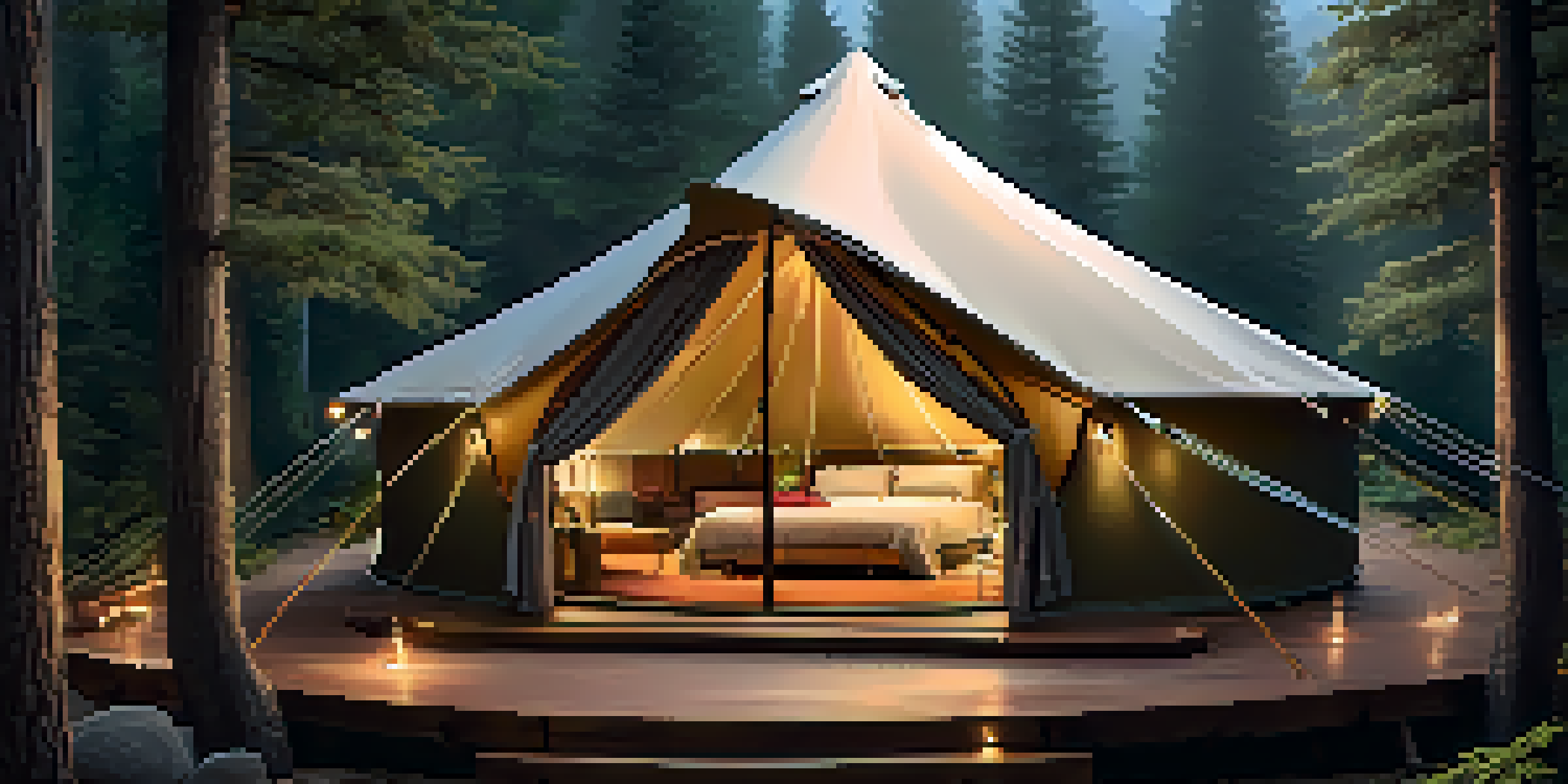 A cozy glamping tent in the woods with soft bedding, a hot tub outside, and a starry night sky.