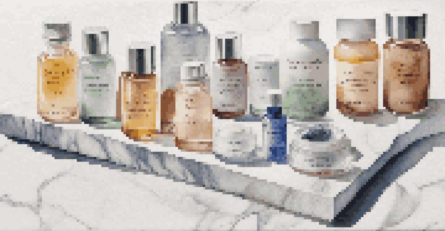 Vials of peptides and skincare ingredients arranged on a marble countertop, illuminated by gentle light.