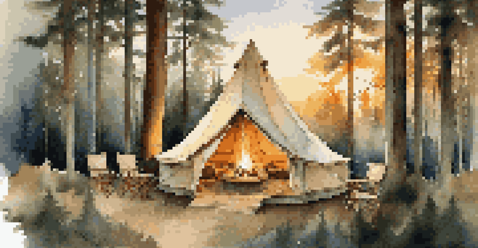 A luxurious glamping site in a forest with a stylish tent, cozy seating, and a fire pit under a golden sunset.