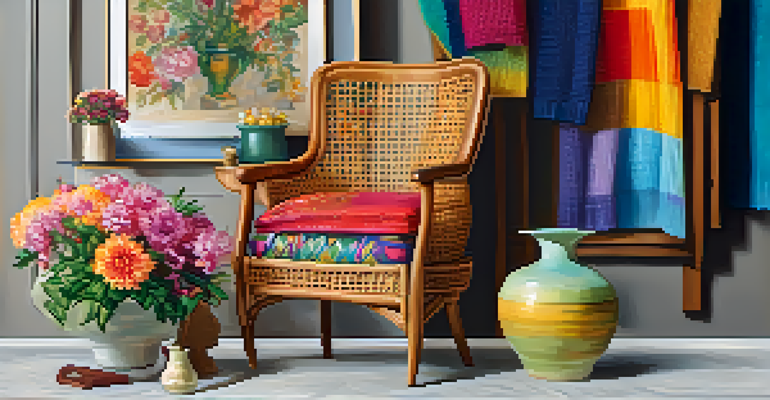 A thrift store display featuring a vintage wooden chair, a colorful throw, and a ceramic vase with flowers, highlighting rich textures and colors.