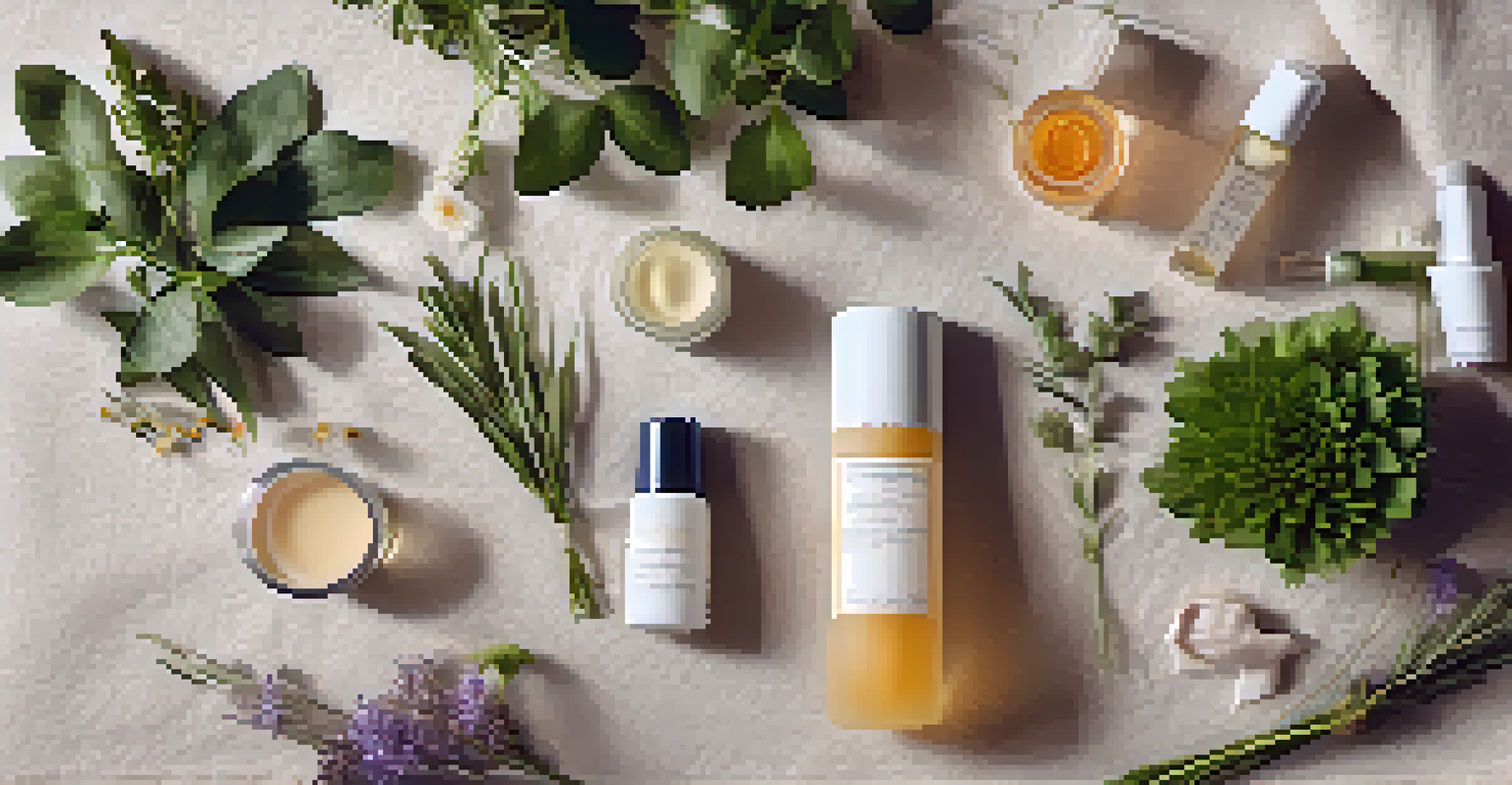 A flat lay of luxury skincare products on a textured linen cloth surrounded by fresh herbs and flowers, illuminated by soft sunlight.