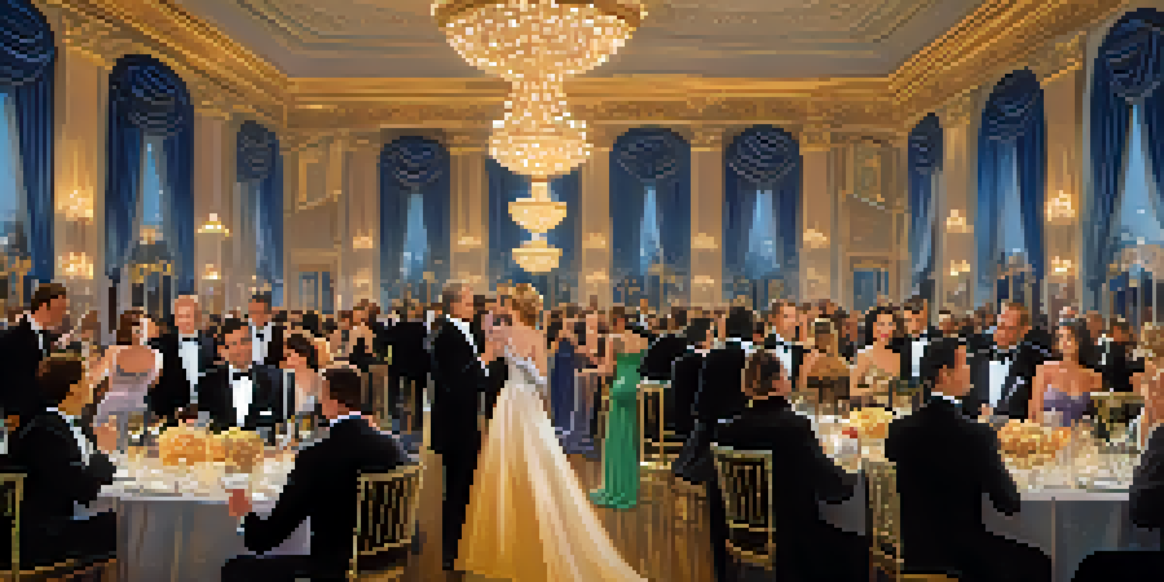 A grand gala with celebrities in elegant attire, golden chandeliers, and a lively atmosphere.