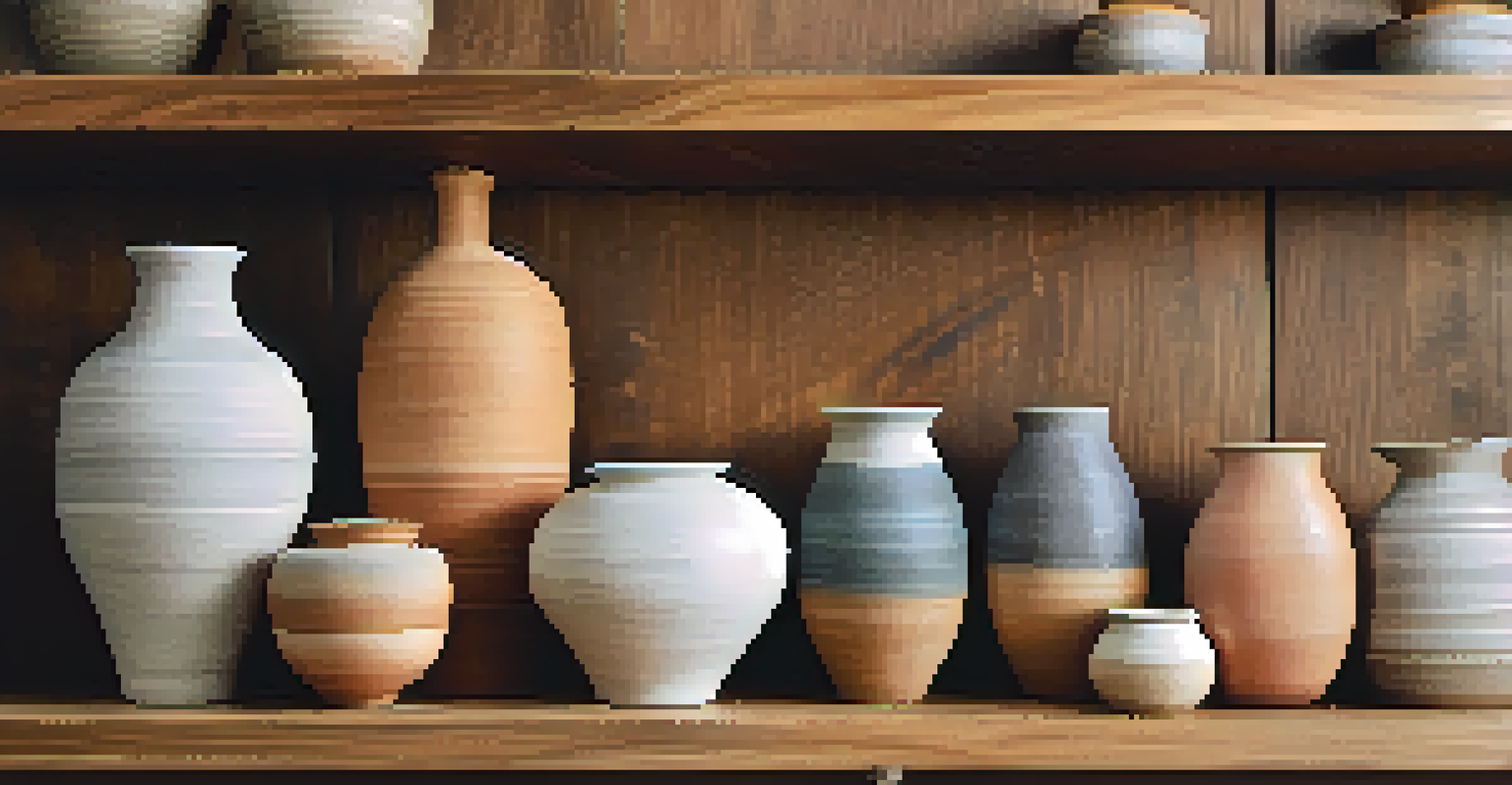 Handmade ceramics with earthy glazes on a rustic wooden shelf, illuminated by soft natural light, showcasing local craftsmanship and a cozy atmosphere.