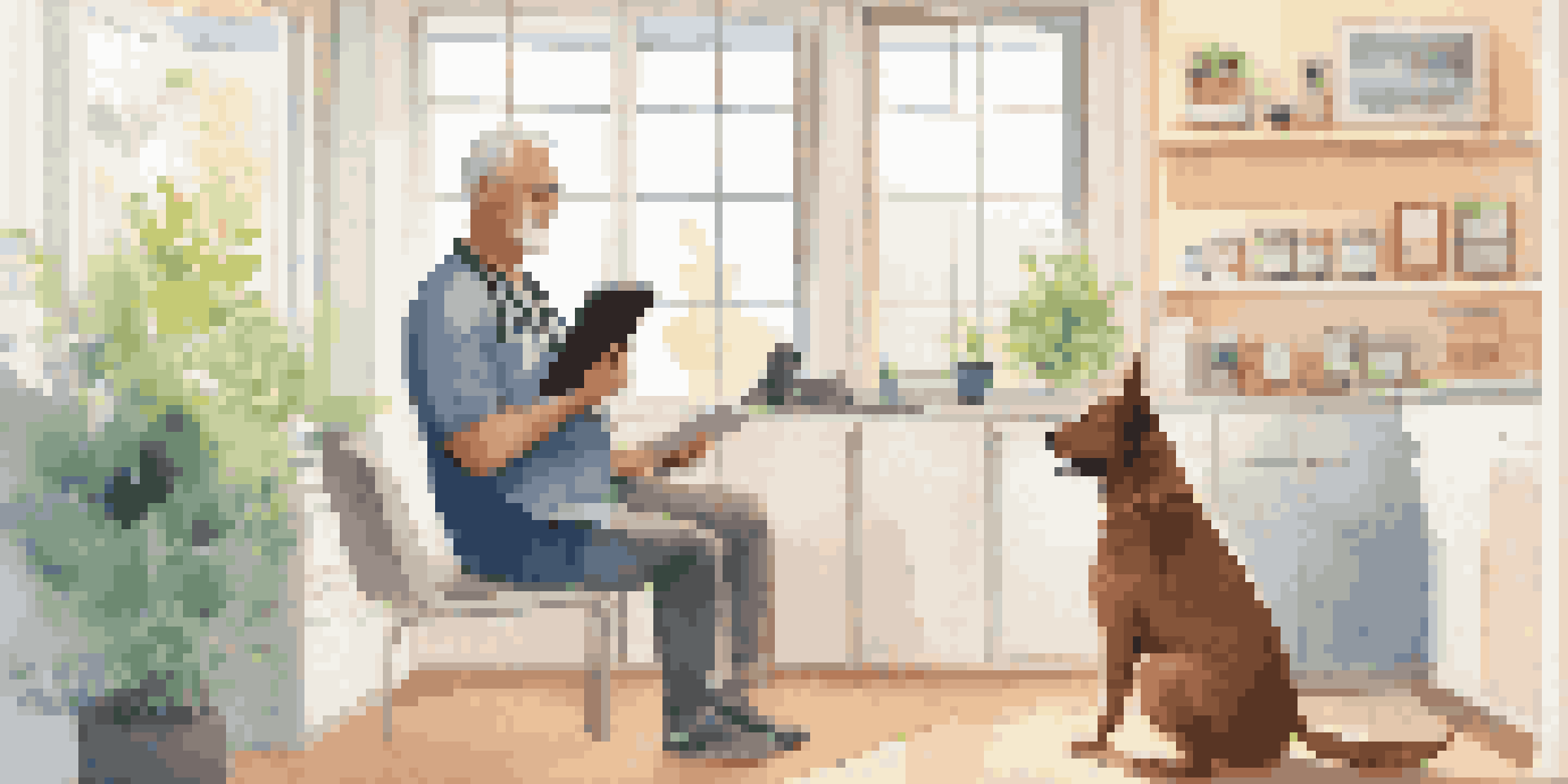 A veterinarian consults with a pet owner about a personalized health plan for a dog in a bright and cozy clinic.