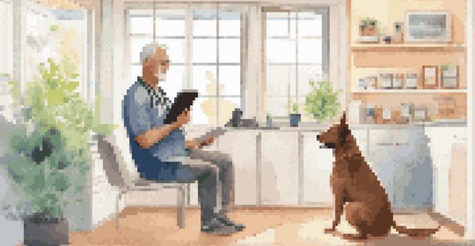 A veterinarian consults with a pet owner about a personalized health plan for a dog in a bright and cozy clinic.