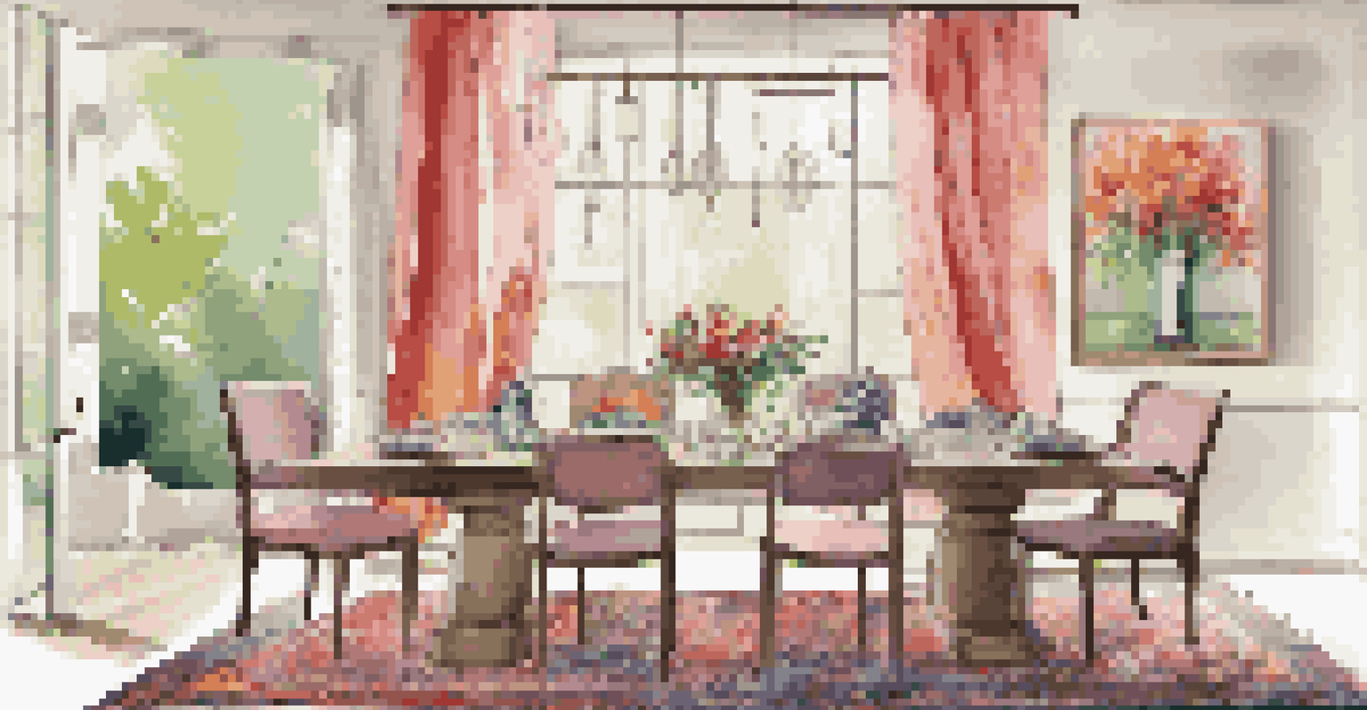 A stylish dining area with recycled polyester drapes, patterned table linens, and eco-friendly dinnerware set for a meal.