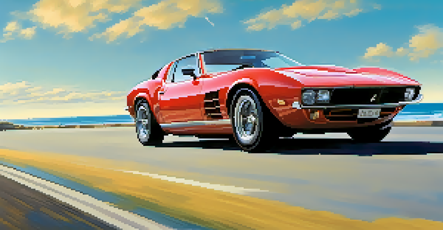 A luxury sports car speeding along a coastal road with a blue sky and ocean backdrop.