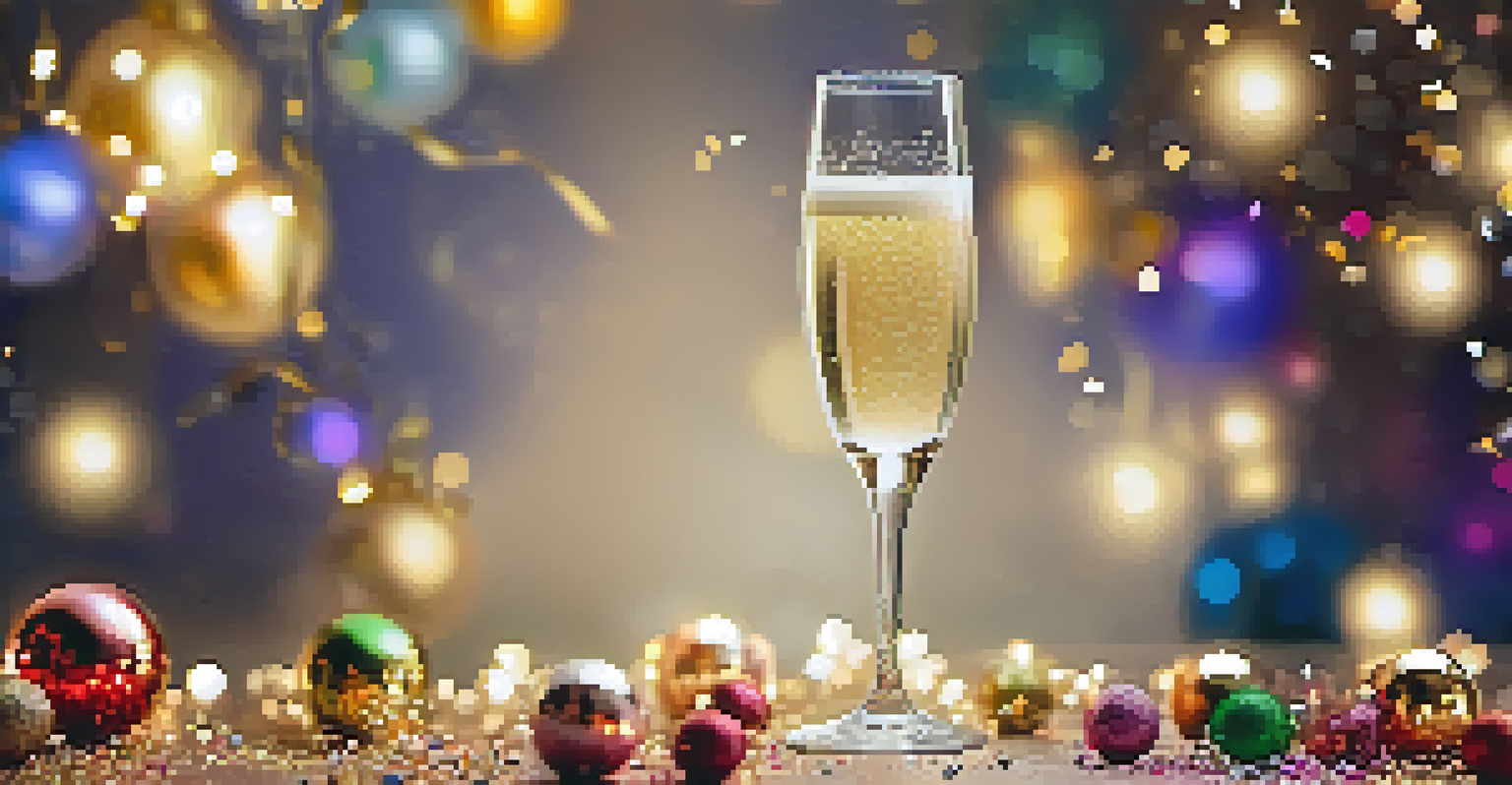 A champagne flute filled with sparkling champagne on a decorated table with confetti and festive decorations, featuring rising bubbles and warm lighting.