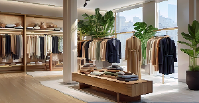 An interior of a luxurious boutique showcasing sustainable fashion items with warm lighting and modern decor.