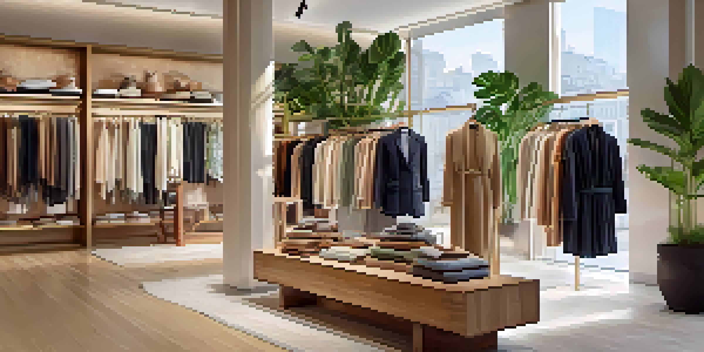 An interior of a luxurious boutique showcasing sustainable fashion items with warm lighting and modern decor.