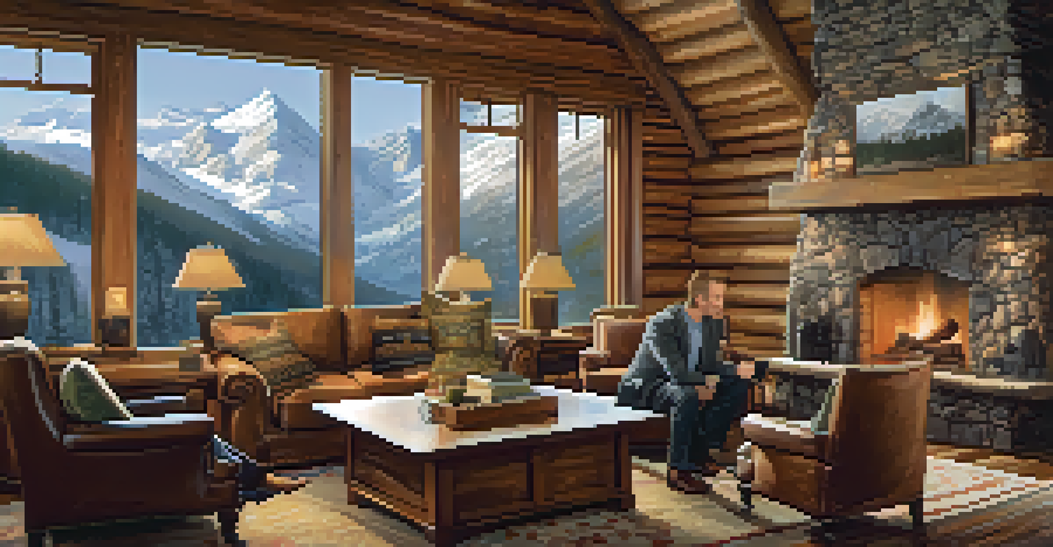 An elegant mountain lodge with a cozy fireplace and professionals discussing around a wooden coffee table, with snowy landscapes visible through large windows.