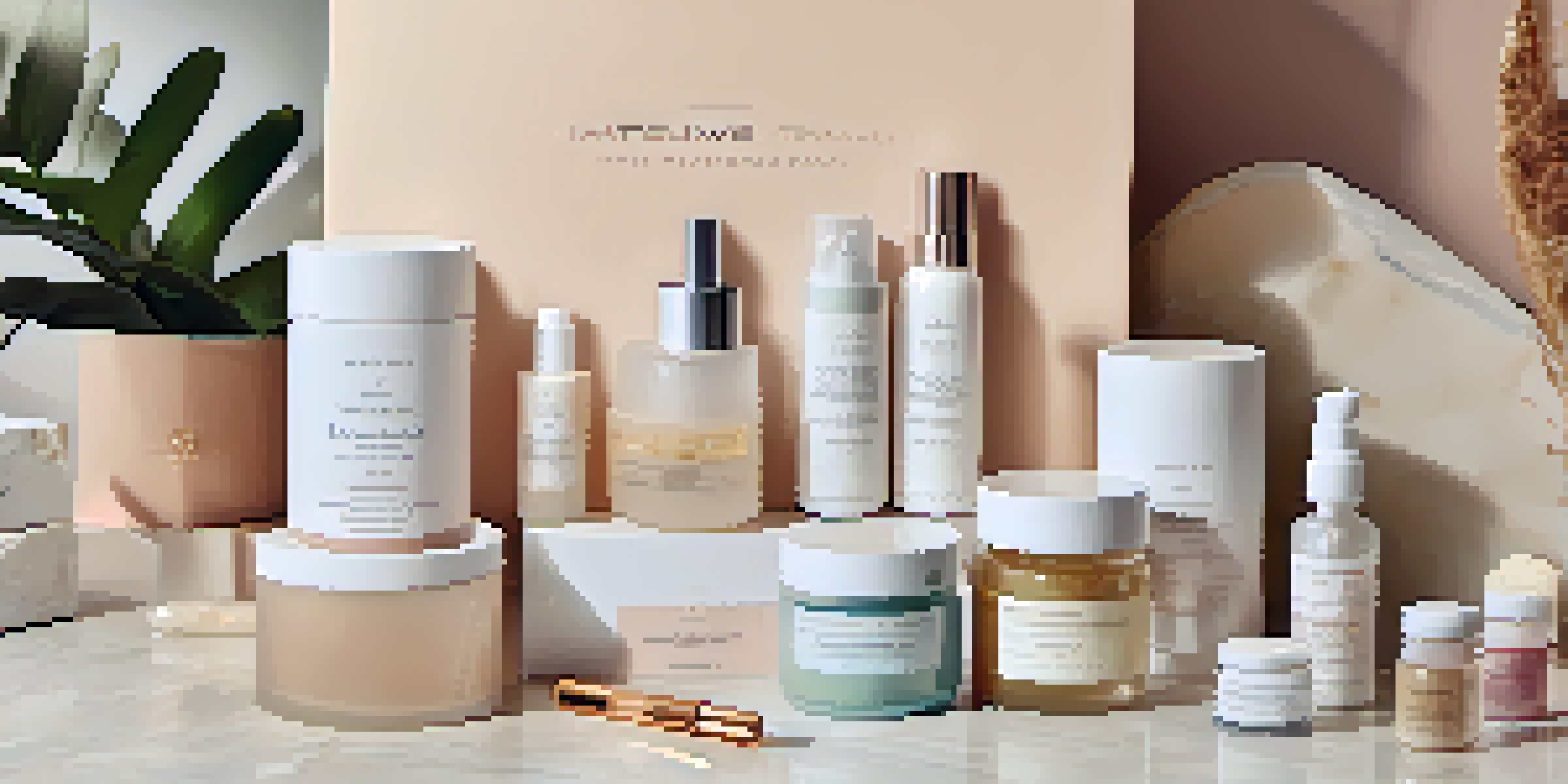 A luxury beauty subscription box opened on a marble countertop with various skincare products displayed around it, illuminated by soft natural light.
