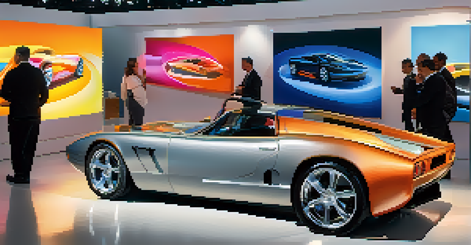 A vibrant display of a high-performance electric sports car at the L.A. Auto Show, with bright lights and visitors admiring the car.