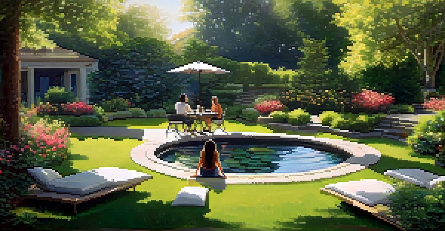 A group of people practicing mindfulness in a beautiful garden during a luxury relationship coaching retreat.