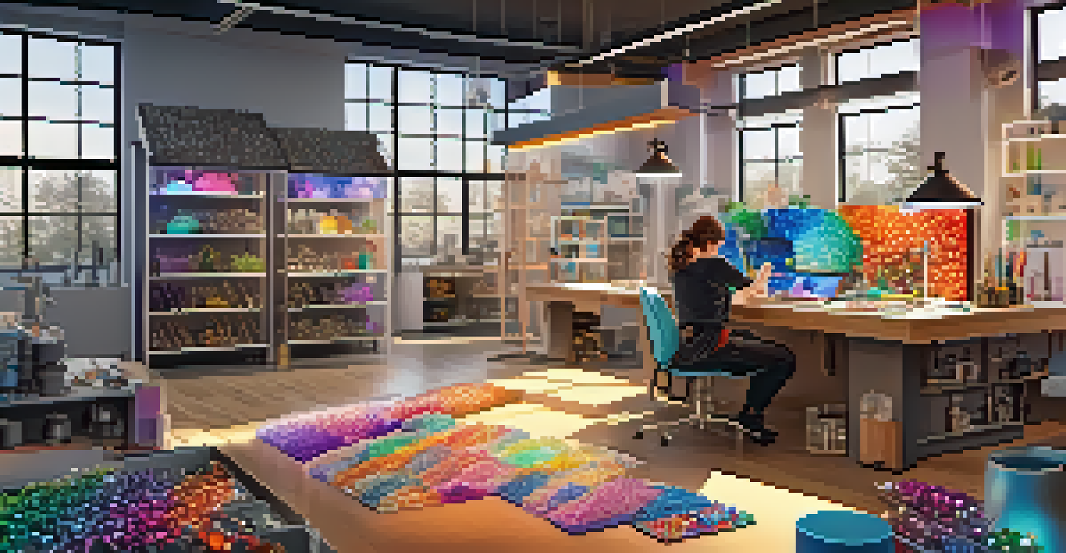 A modern jewelry-making studio with high-tech tools and a designer at work, surrounded by colorful gemstones and sketches.