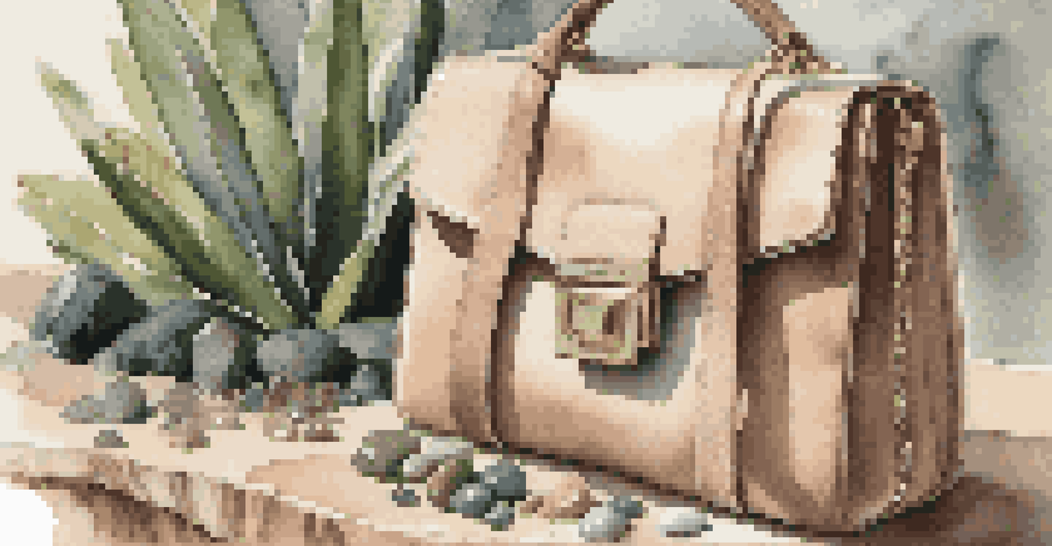 A luxury handbag made from recycled materials displayed on a wooden surface alongside natural elements like stones and plants.