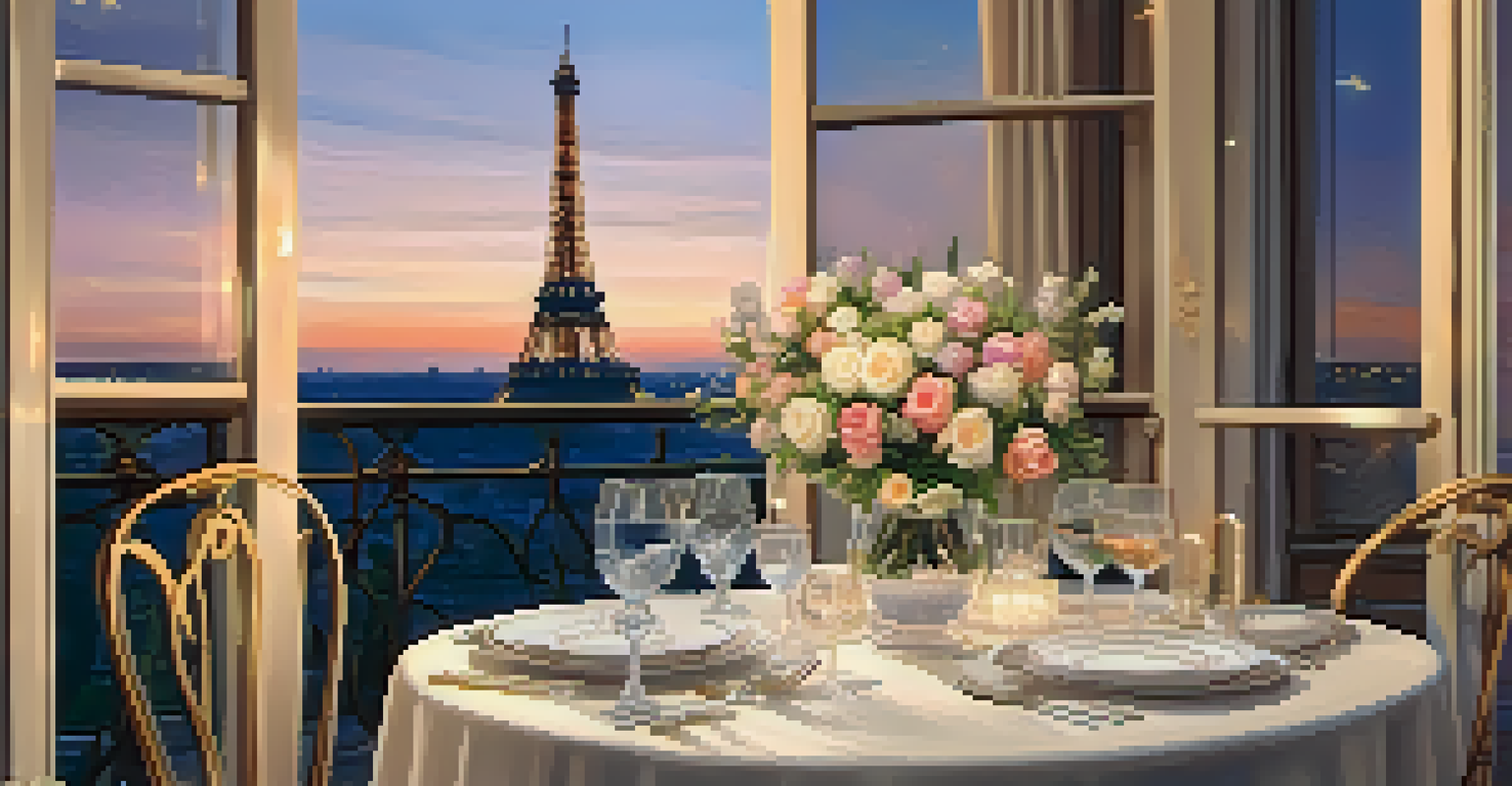 A romantic dining setup on a balcony with a view of the Eiffel Tower, beautifully arranged with fine dining elements.