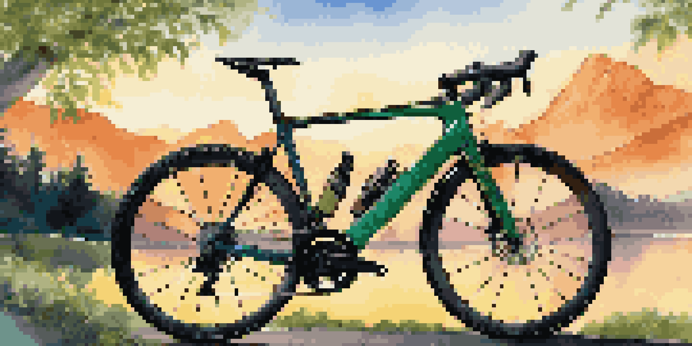 A luxury sports bicycle with advanced sensors against a mountain backdrop during sunset.