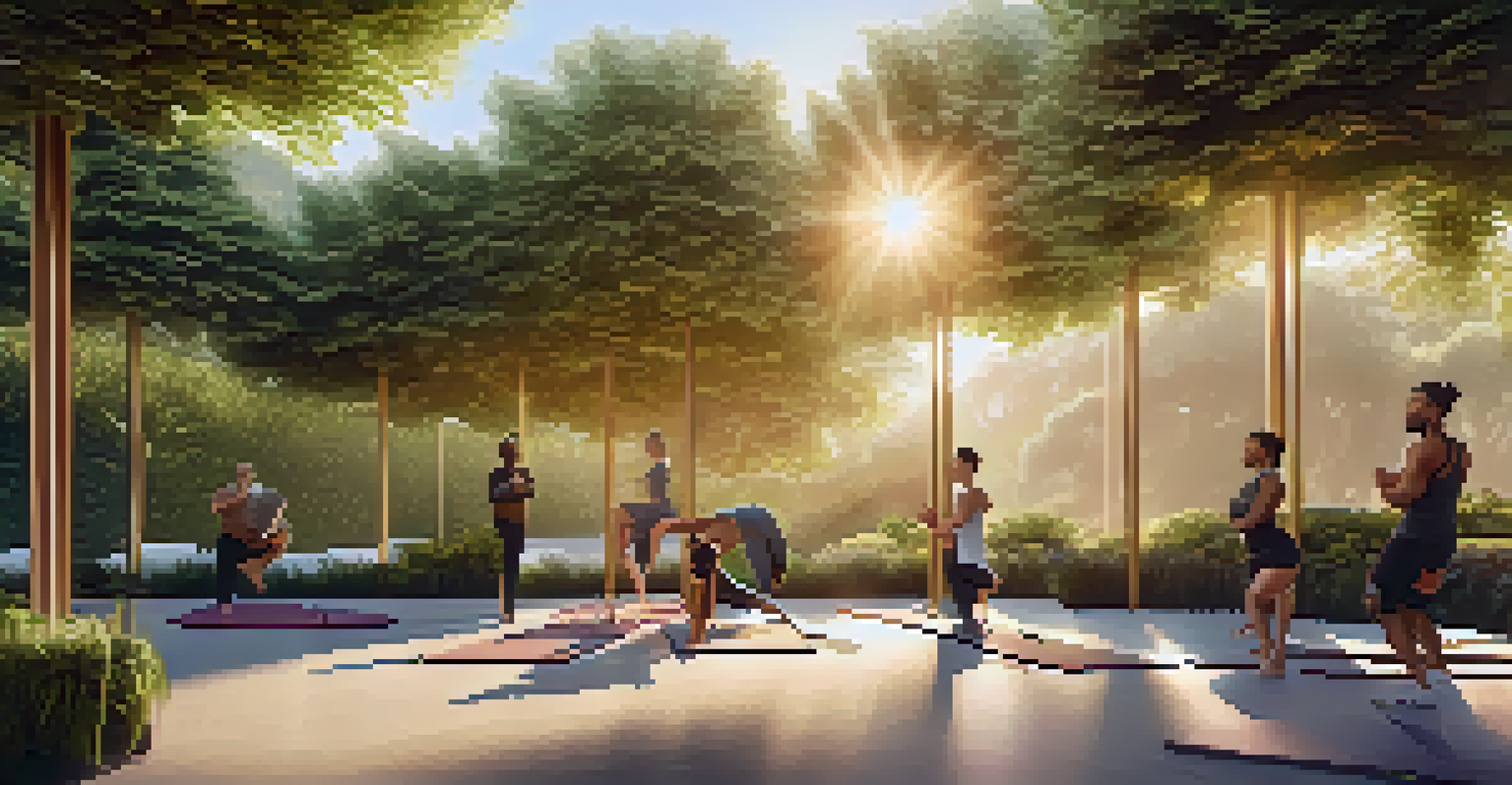 Outdoor fitness area with private workout stations in a lush green setting, featuring members practicing yoga during sunset.