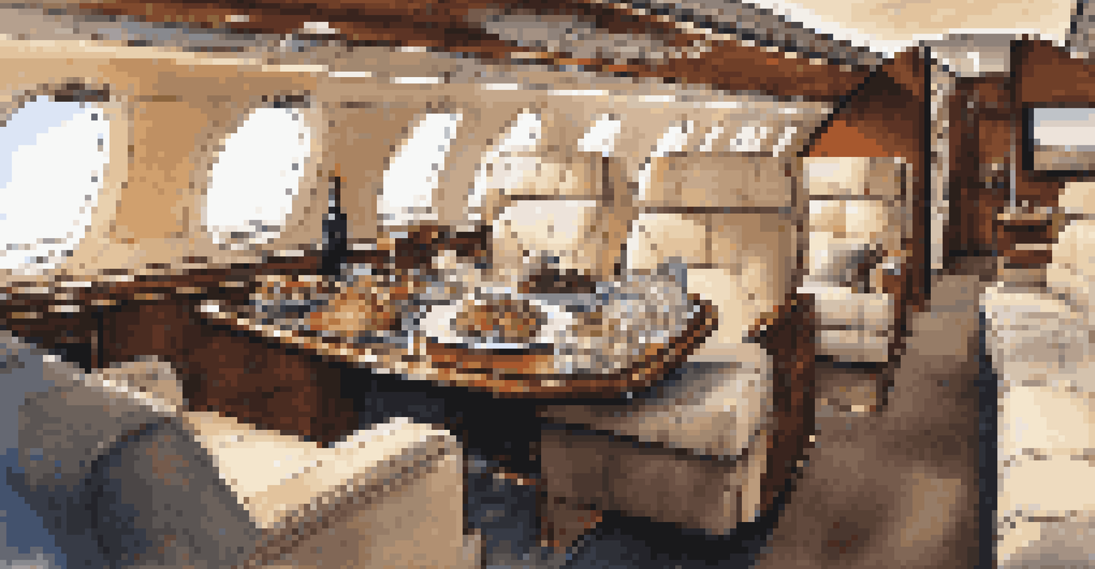 The luxurious interior of a private jet with plush seats and ambient lighting.