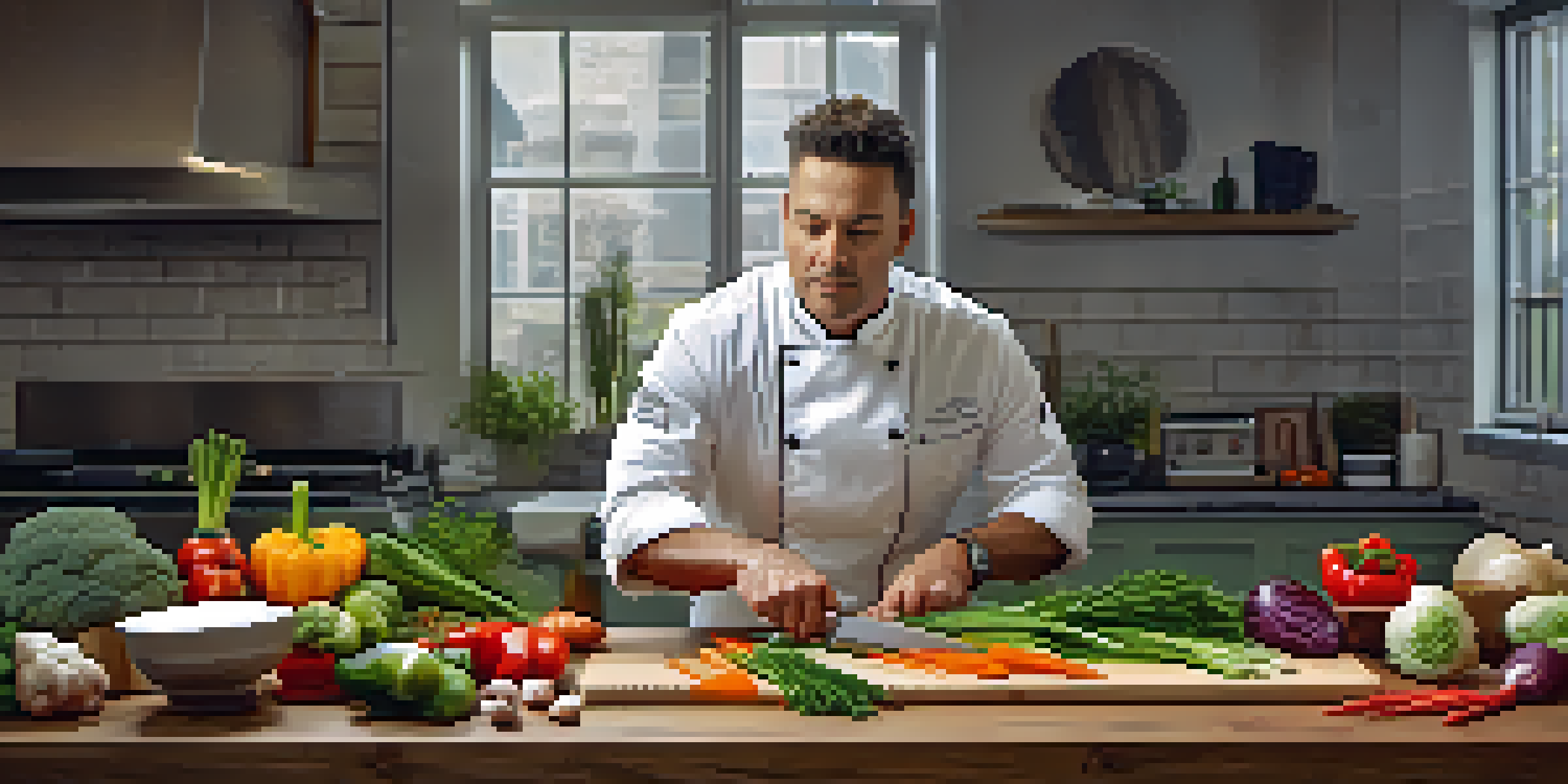 A chef demonstrating knife skills in a bright kitchen, with vegetables on a cutting board.
