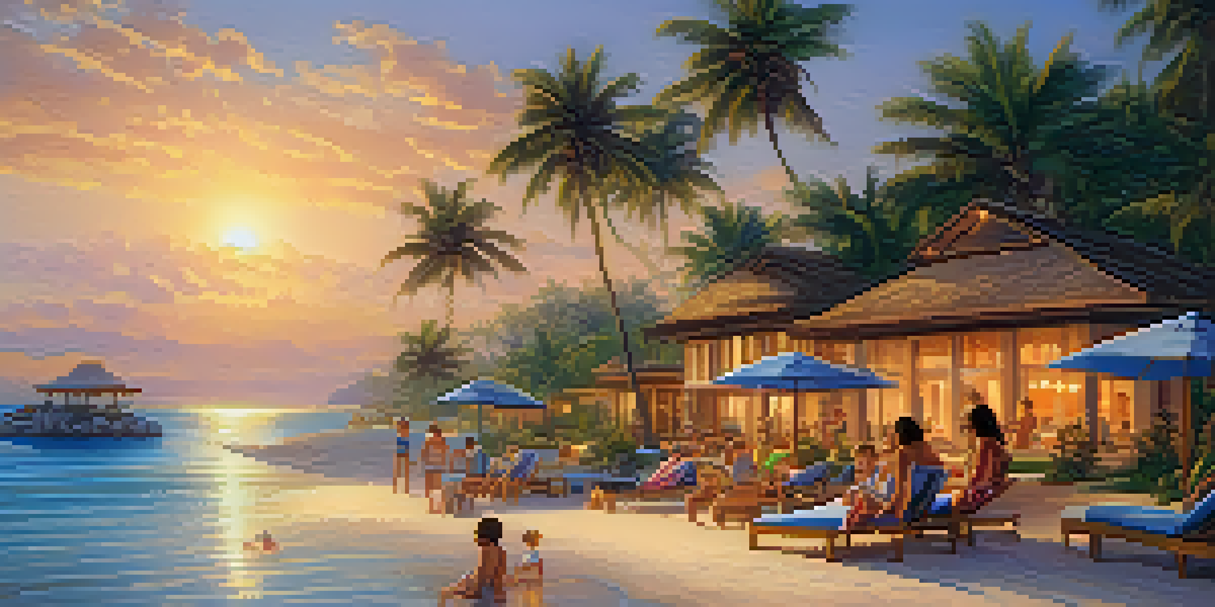 A family at a beach resort during sunset, children snorkeling and learning about marine biology while parents enjoy spa treatments.