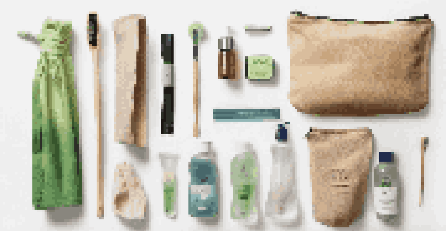 A variety of eco-friendly travel essentials including bamboo toothbrushes and reusable shopping bags arranged aesthetically.